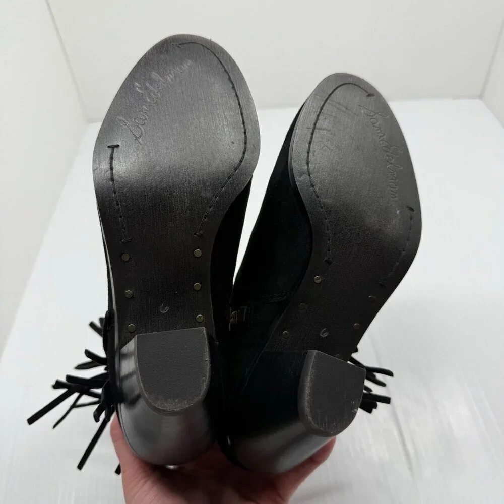 Sam Edelman Louie Black Suede Fringe Ankle Booties Block Heel Womens 6M